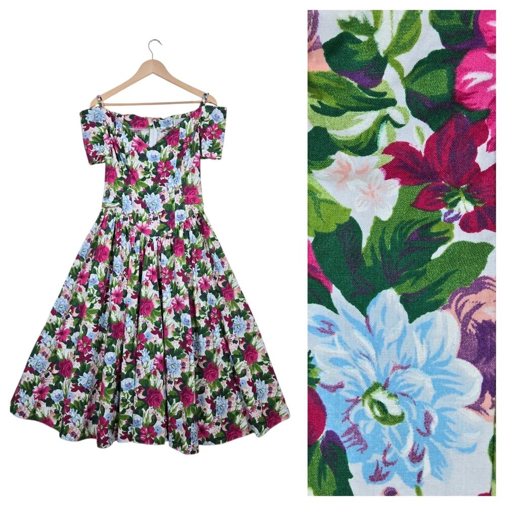 Vintage 90s Expo Floral Garden Party Midi Dress 8 Cottagecore Tea Party USA